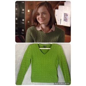 ASO Gilmore Girls Alt Womens V-Neck Cable Sweater Top Sz L Cotton Green Prep Y2K